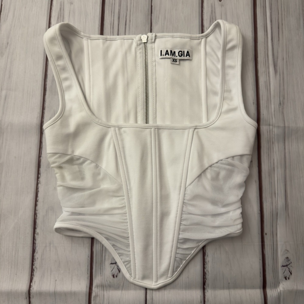 I.AM.GIA. Mandi Ruched Mesh Sttetch Corset Top Back‎ Zipper White Size XS Sexy